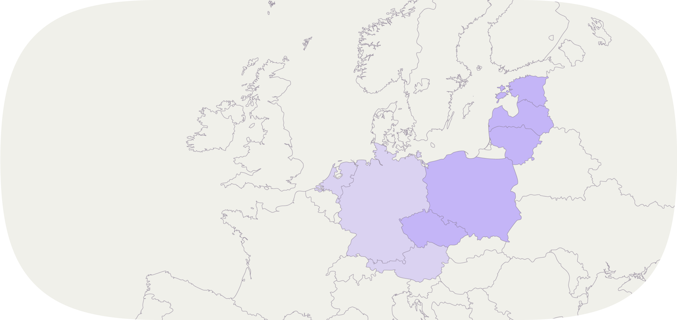 A map of Europe with Estonia, Latvia, Lithuania, Poland, Czechia, Germany, Netherlands, and Austria painted purple